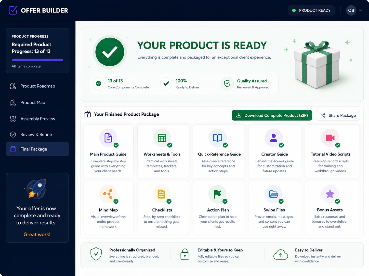 Offer Builder finished product dashboard showing completed deliverables